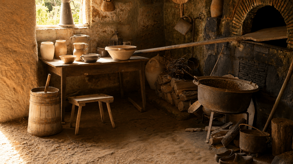 Ancienne cuisine troglodytique éclairée par une lumière de fin de journée à la Vallée Troglodytique des Goupillières
