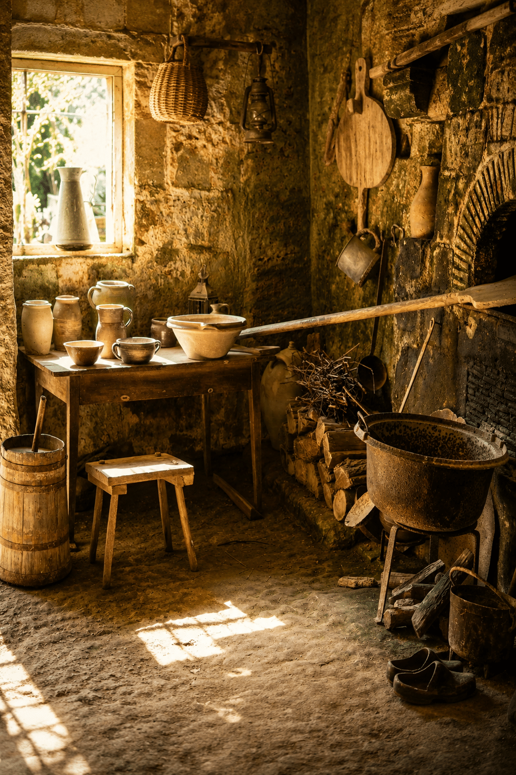 Ancienne cuisine troglodytique éclairée par une lumière chaude dans le village des Goupillières en Touraine