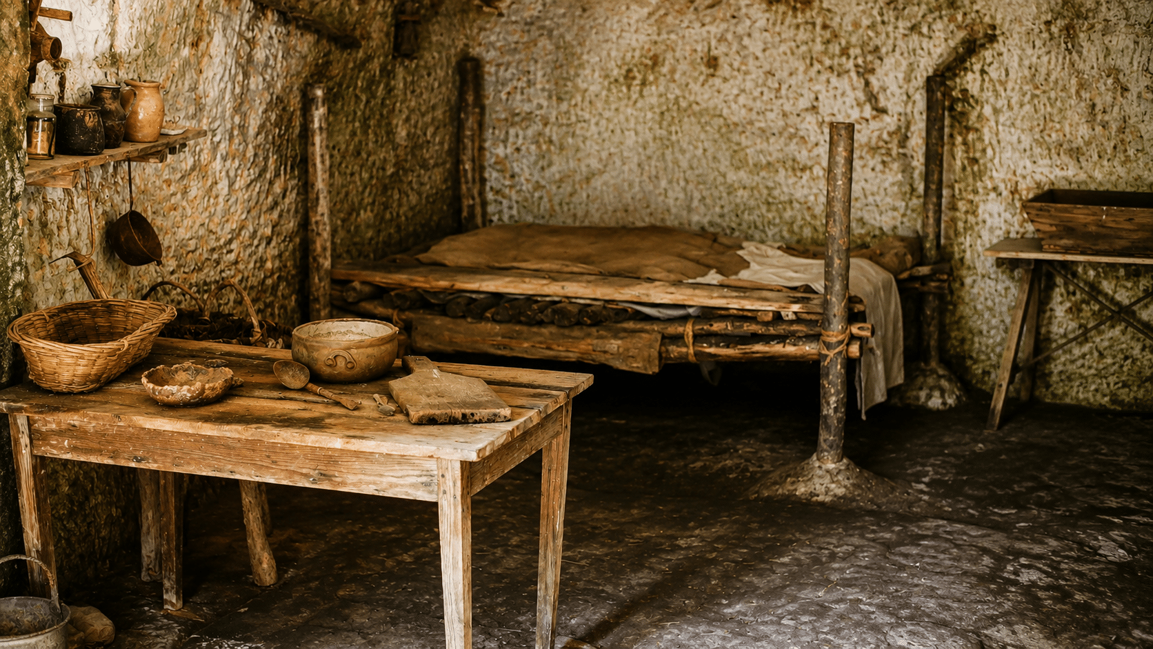 Ancienne pièce troglodytique avec mobilier rustique et lit en bois aux Goupillières en Touraine