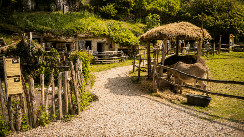 Chemin de visite au cœur du village troglodytique des Goupillières avec animaux et habitats traditionnels en Touraine