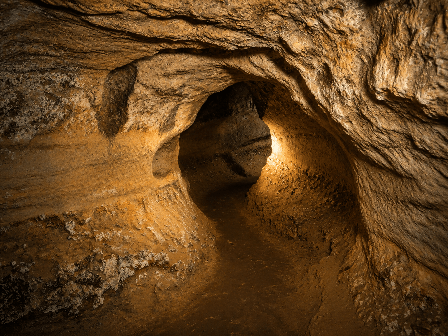 Galerie souterraine troglodytique éclairée dans les caves des Goupillières en Touraine